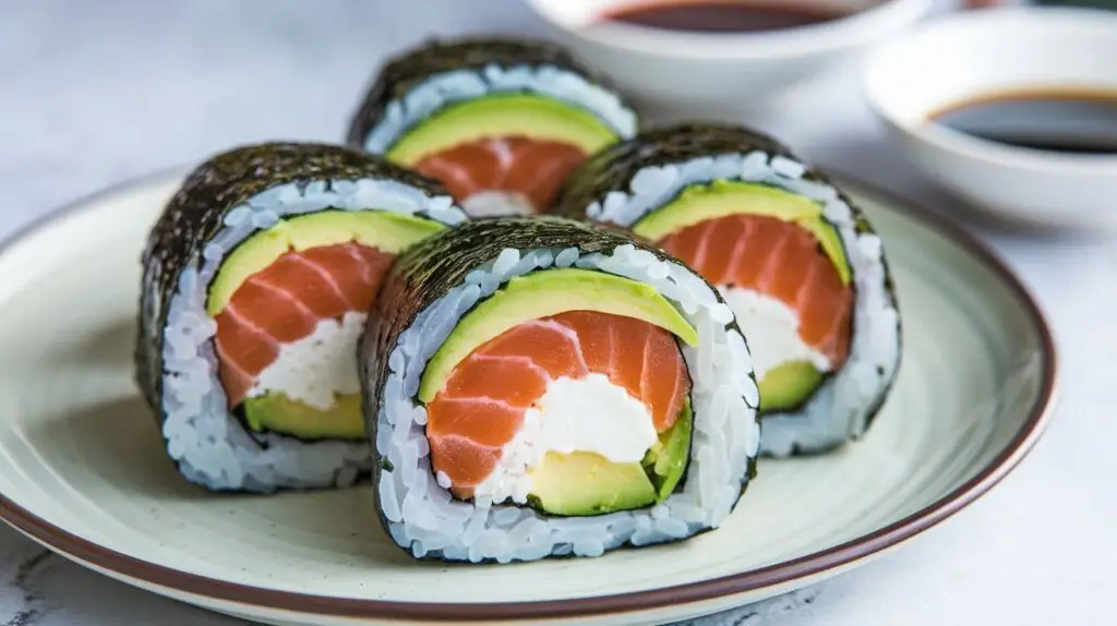 Japanese Bagel Roll with smoked salmon, cream cheese, avocado, and sushi rice.