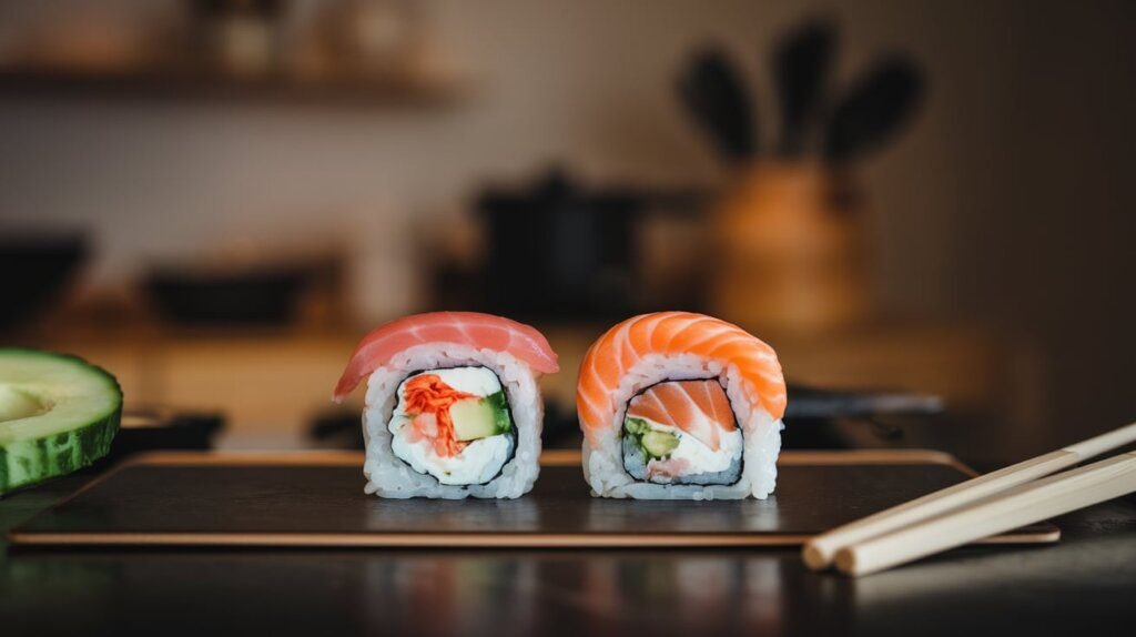 Two sushi rolls, reminiscent of a California Roll vs Philadelphia Roll showdown, feature sliced tuna and salmon on top, elegantly displayed on a black plate with chopsticks beside them.