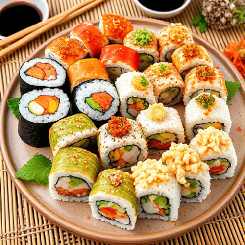 A plate of various sushi types, including California rolls, garnished with a slice of salmon and served with nori and rice on a tray. The setting appears to be an indoor dining table, suitable for lunch or supper.