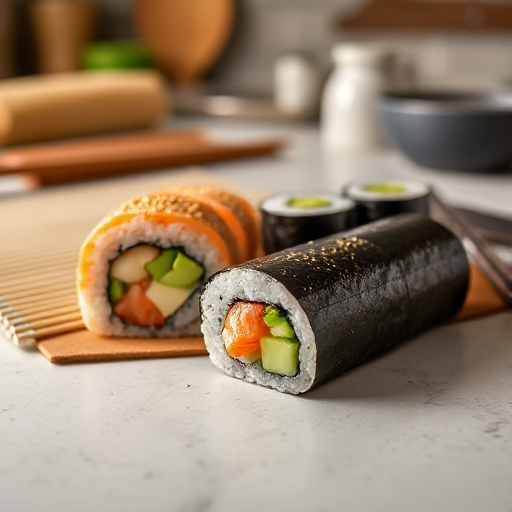 Fresh sushi rolls with salmon and avocado on a kitchen countertop, showcasing vibrant ingredients and a traditional bamboo mat in the background. Perfect example of homemade Japanese cuisine.