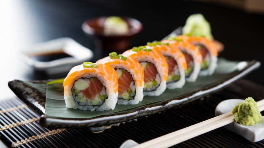 A platter of Yellowtail Scallion Roll sushi topped with salmon, garnished with green onions, served with wasabi and soy sauce on a bamboo mat.